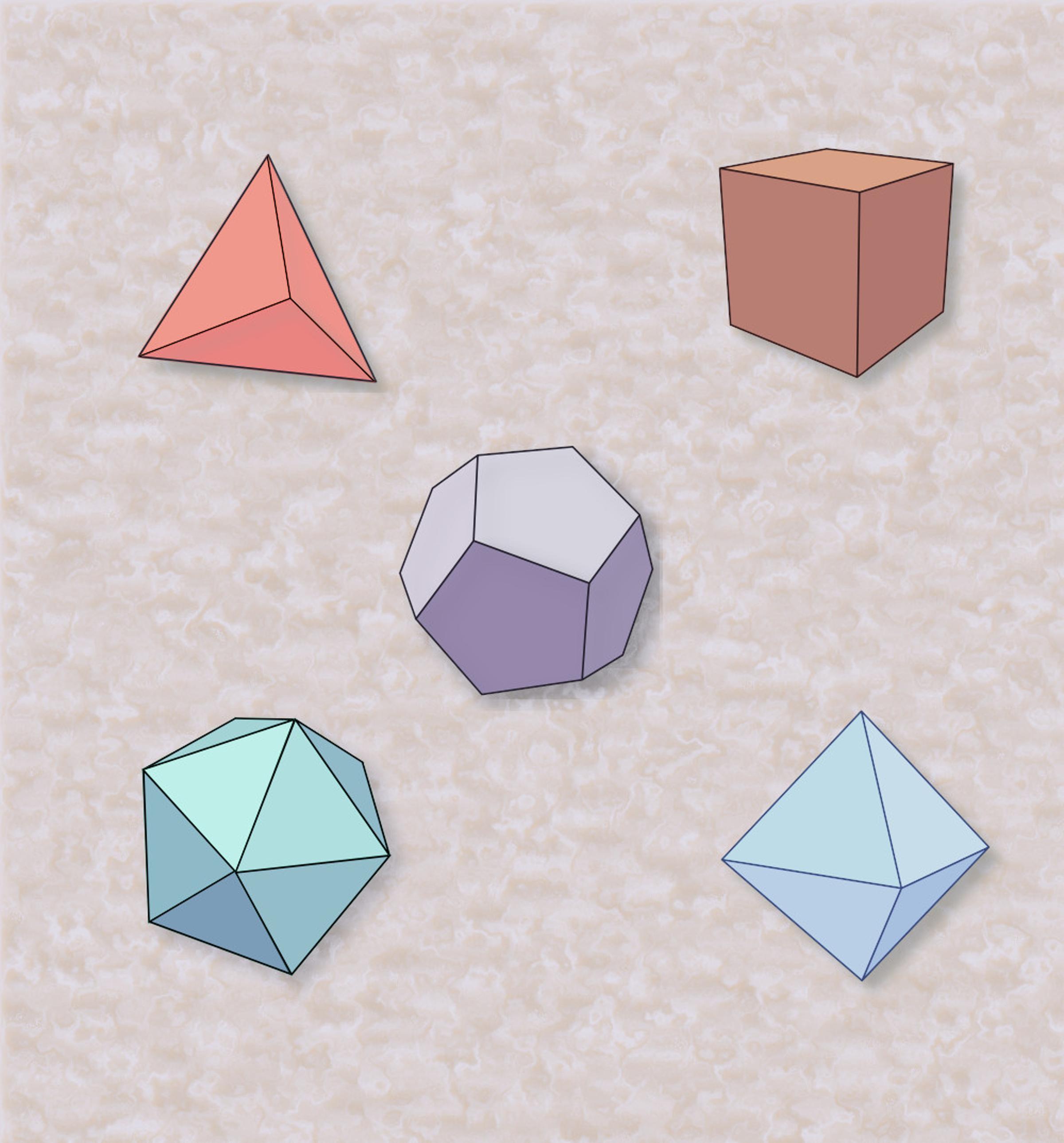 Bryły platońskie, Wojciech Kotwica (praca własna na podstawie https://commons.wikimedia.org/wiki/File:Platonic_Solids_Transparent.svg, public domain), Public domain (CC0 1.0)